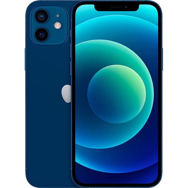 apple iphone 12 64 gb azul reacondicionado - tipo a, vista frontal y trasera centrada; pantalla 6.1" encendida, módulo de doble cámara 12MP visible, logotipo Apple en la parte posterior, equipo liberado, estética A (9.5–10) y batería 80–99%.