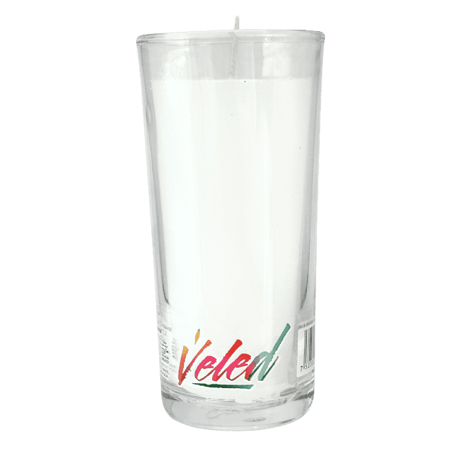 veled 6 pzas | enciende color a tu vida Veladora San Juan — veladora en vaso de vidrio cilíndrico con cera blanca y mecha central, etiqueta frontal con logotipo 'Veled' en colores degradados; vista centrada, plano frontal sobre fondo recortado; ideal para decoración y ambientación, y también suele usarse como centro de mesa discreto.