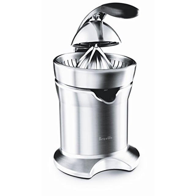 exprimidor eléctrico citrus press breville 800cpxl 110-120 v exprimidor motorizado de acero inoxidable cepillado, vista frontal con brazo activo levantado y cono exprimidor de talla única; boquilla anti-goteo, base compacta (11 x 9 x 18 pulgadas), dos filtros para control de pulpa y compartimento para cable; ideal para preparar jugos frescos por porción en barras de desayuno.