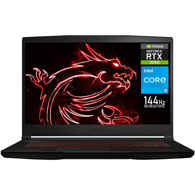 laptop gamer msi thin gf63 nvidia geforce rtx 2050 intel core i5 12450h 8gb ram 1tb ssd 15.6" windows 11 home teclado en ingles — Vista frontal centrada de la laptop negra MSI Thin GF63 con pantalla 15.6" FHD mostrando un fondo de dragón rojo, etiquetas de NVIDIA GeForce RTX 2050 e Intel Core i5 en la esquina superior derecha, teclado retroiluminado rojo con distribución en inglés, bisel superior con cámara HD y chasis delgado; también suele usarse como estación portátil para estudio y streaming.