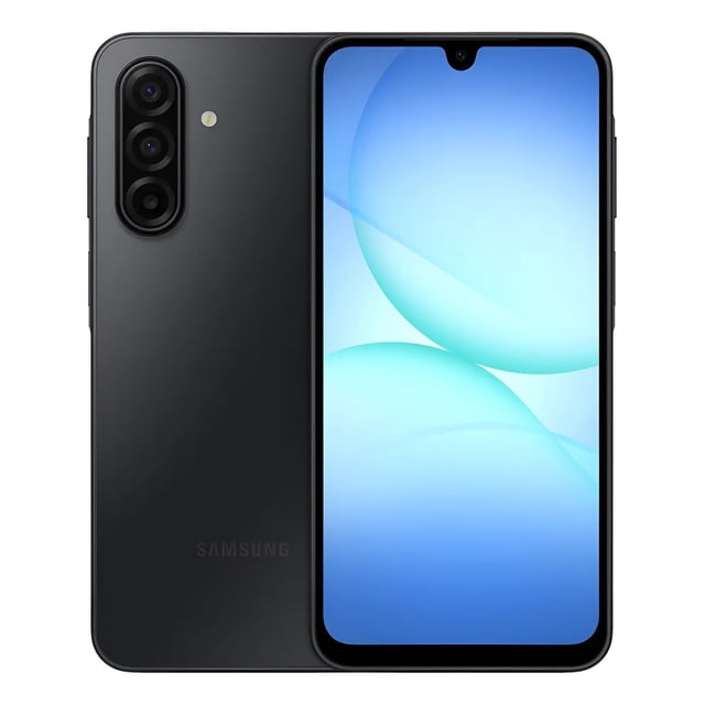 samsung galaxy a17 5g 128 gb dual sim 6 gb ram negro — Vista frontal y trasera centrada del teléfono negro; pantalla Super AMOLED de 6.7" (17 cm) con notch tipo gota, módulo de tres cámaras verticales en la esquina superior izquierda, cubierta trasera mate con logo Samsung y borde lateral delgado, diseñado para conectividad 5G y uso diario. A menudo se usa también como dispositivo principal para transmitir video y redes sociales gracias a su pantalla amplia.