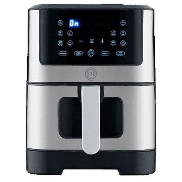 freidora de aire con ventana 8l MasterChef plateada con panel touch digital y 2 pantallas LED; vista frontal centrada con puerta desmontable y ventana que muestra el interior, asa vertical, panel superior con iconos de 12 funciones y pantallas de tiempo y temperatura, cuerpo de acero inoxidable y base negra, temporizador y rango 30–200°C; a menudo usada también para recalentar porciones pequeñas.
