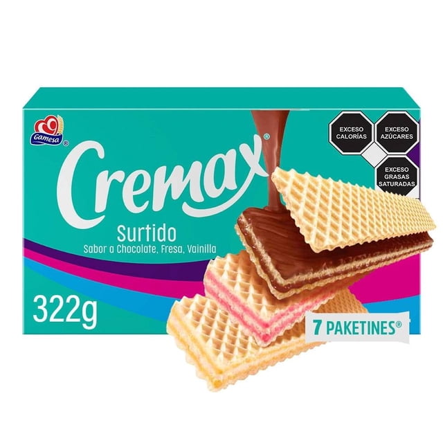 galletas cremax con relleno sabor surtido 322 g caja frontal con obleas tipo wafer apiladas que muestran rellenos cremosos de fresa, chocolate y vainilla; empaque turquesa con logo Cremax, texto 322 g y 7 paketines, ideal como botana o para postres.