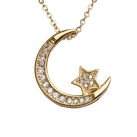 Collar para Mujer de Luna y Estrella con Zirconia Cúbica LuckyLy, Baño de Oro 14k o Rodio Color Plata dorado UNITALLA