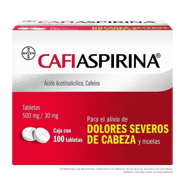 analgésico cafiaspirina 100 tabletas, caja frontal roja y blanca con logo Cafiaspirina y Bayer, texto "Ácido Acetilsalicílico, Cafeína", indicación "Tabletas 500 mg / 30 mg" y leyenda para alivio de dolores severos de cabeza y muelas; ilustración de dos tabletas blancas en la esquina inferior izquierda.