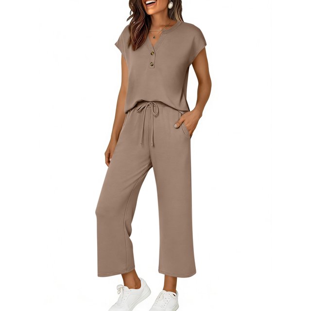 TaTaai Women Spring Summer Comfortable Solid Sports Set V-Neck Short Sleeve Top Long Pants with Pockets Ladies Daily Office Street Wear Non-See-Through Machine Washable Stylish Set Gift