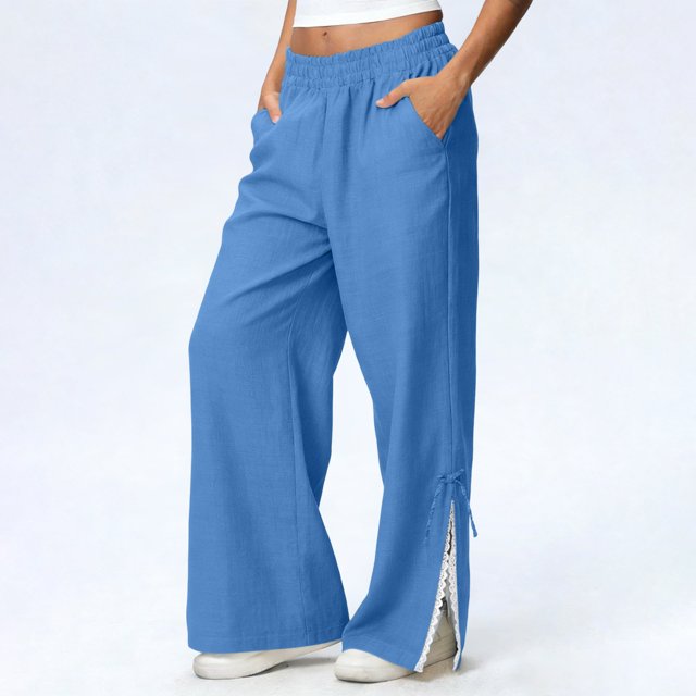 TaTaai olid Color Cotton Linen Women Casual Pants Wide Leg Breathable Machine Washable No Fading Lightweight Non See-through Daily Wear Full Length Trousers Gift