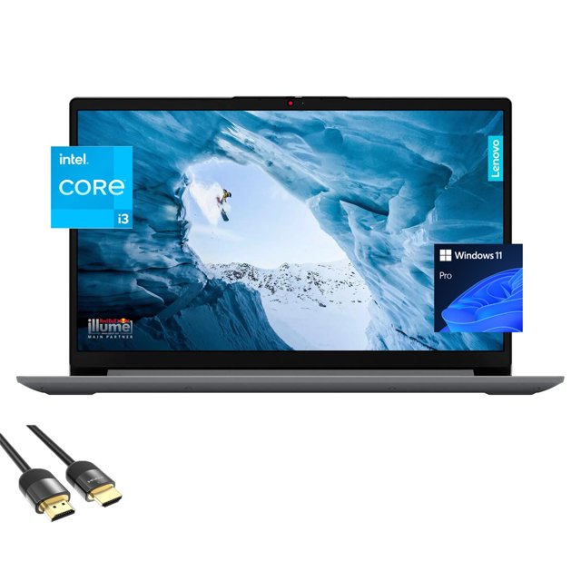 lenovo ideapad slim 3 3i laptop, pantalla FHD de 15.6" con procesador 8-core Intel Core i3 N305, 8GB RAM y 512GB SSD, vista frontal centrada mostrando marco delgado y pantalla con imagen de montaña, teclado US visible en el borde inferior, iconos de Windows 11 Pro e Intel visibles y cable HDMI incluido; a menudo usado como estación portátil para trabajo y estudio.