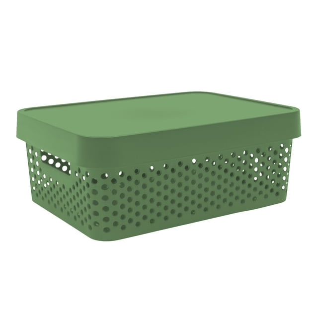 caja con tapa 11 litros plastic trends modelo paris color verde, vista 3/4 frontal de caja rectangular apilable con tapa ajustada y broches, laterales con perforaciones circulares y asas recortadas, acabado mate verde, capacidad 11 litros, pensada para organizar juguetes, papelería o documentos y a menudo usada como organizador de herramientas pequeñas o suministros de oficina.