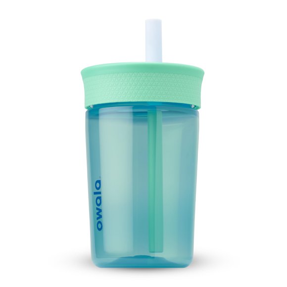 Vaso Owala Kids de plástico sin BPA, 450 ml, color verde pajizo y aguamarina