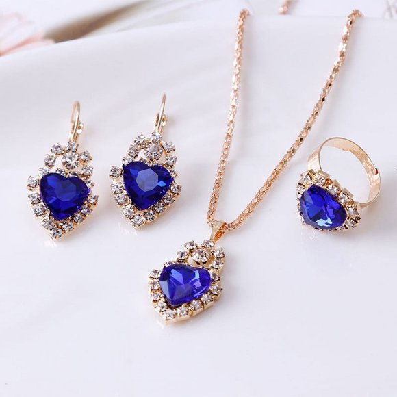Xiao Hua Conjunto de joyería de moda con diamantes de imitación y colgante de gota de agua, collar y pendientes retro para mujer, madre, novia, boda, azul B