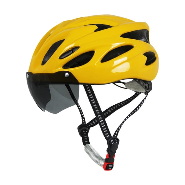 casco de bicicleta para adultos, accesorios de ciclismo, ajuste elegante, circunferencia de la cabeza de 54 a 62 cm amarillo casco de ciclismo ligero y transpirable con visor integrado oscuro, múltiples orificios de ventilación, carcasa amarilla de PC y correas negras con hebilla roja; medidas aprox. 28 x 21.5 x 14.5 cm. También es adecuado para paseos recreativos cortos.