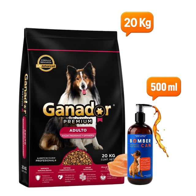 Croquetas Para Perro Ganador Premium Adulto Razas Grandes 20 Kg con Bomber can aceite de Salmon 500 ml