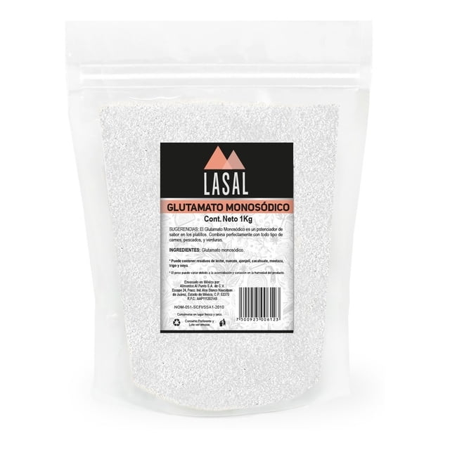 glutamato monosódico 1 kilogramo pouch resellable Bolsa resellable stand-up de 1 kg de glutamato monosódico Lasal en vista frontal, empaque transparente con cierre zipper y contenido granular blanco visible, etiqueta negra y salmón con logo, texto y código de barras visibles. A menudo usada como potenciador de sabor en caldos y aderezos para la cocina casera.