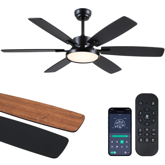 ventilador de techo hounberi, 52 pulgadas, 6 aspas, aplicación remota, luz led Ventilador de techo de 52" de perfil bajo con 6 aspas reversibles en doble acabado negro/madera, placa LED circular regulable encendida, varilla corta y montaje empotrado; se muestran control remoto y pantalla de la app móvil. También suele usarse para ventilar oficinas pequeñas o salas de estudio.