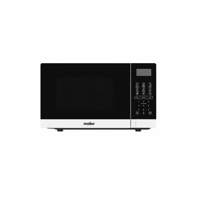 horno de microondas mabe 0.7 pies cúbicos digital 120v panel touch en español 10 niveles de potencia descongelado por tiempo negro. Vista frontal centrada de microondas compacto negro con puerta de vidrio y franja blanca inferior con logo mabe, panel táctil en español a la derecha con pantalla y botones numéricos, plato giratorio interno visible; ideal para encimera en cocinas pequeñas, departamentos u oficinas y adecuado para calentar bebidas y descongelar alimentos rápidamente.