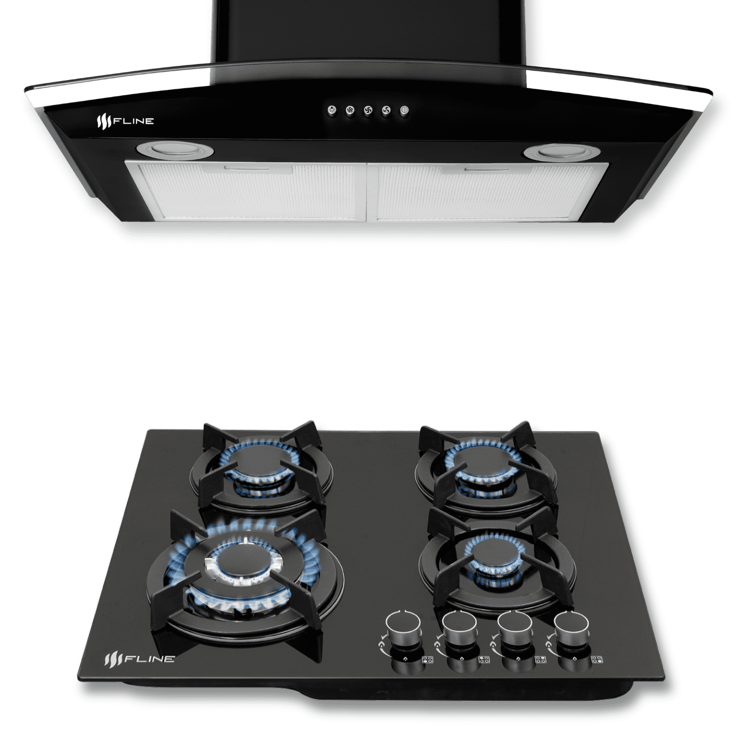 FLINE | Combo parrilla de gas y campana extractora 60 cm | Pared Botones | Negra |OS4AA60