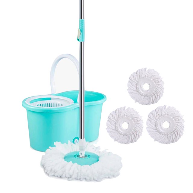 trapeador spin mop CV Directo con cubeta de enjuague y secado integrado de 4 L, bastón metálico y cabeza giratoria 360º con porta mopa; incluye 3 mopas de microfibra súper absorbente, uso en seco o mojado y sistema de centrifugación para exprimir fácilmente; suele usarse también para limpiar rodapiés y áreas estrechas.