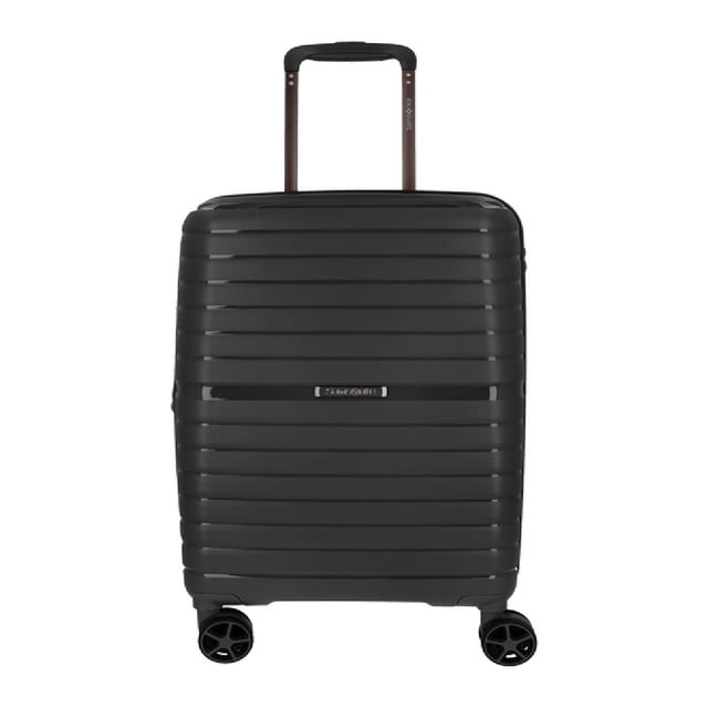 maleta samsonite carry on negra horizons spinner 55 exp Maleta de cabina 55 cm Aurora Black, vista frontal con asa telescópica extendida y sistema spinner de 4 ruedas dobles; carcasa rígida 100% polipropileno con estrías horizontales y placa con logo Samsonite. Exterior expandible con candado TSA integrado y componentes color matching; interior con panel divisor, cintas cruzadas y forro interior hecho con materiales reciclados.