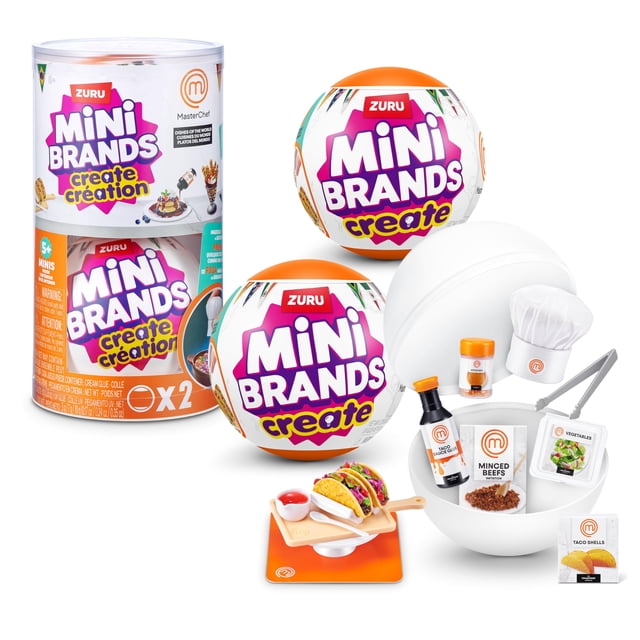 toy capsule mini brands create masterchef series 2 zuru, paquete de 2 — dos cápsulas blancas con logos morado y naranja junto a envase cilíndrico; vista frontal que muestra cápsulas abiertas con mini accesorios de chef: gorro, utensilios, botellas de condimento, ingredientes en miniatura, una placa con tacos, herramienta LED UV y tarjeta de recetas incluida; también suele usarse como pieza coleccionable para exhibir.