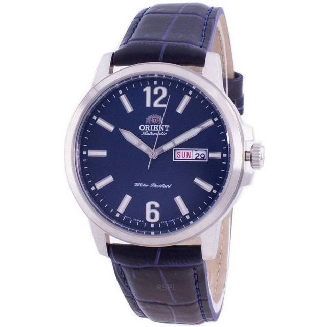 orient contemporary ra-aa0c05l19b ra-aa0c05l39b automatic men's watch: carátula Azul, caja redonda de acero inoxidable, ventanilla día-fecha a las 3, índices aplicados y numerales 12 y 6, agujas luminiscentes y correa de piel azul con pespuntes; vista frontal.