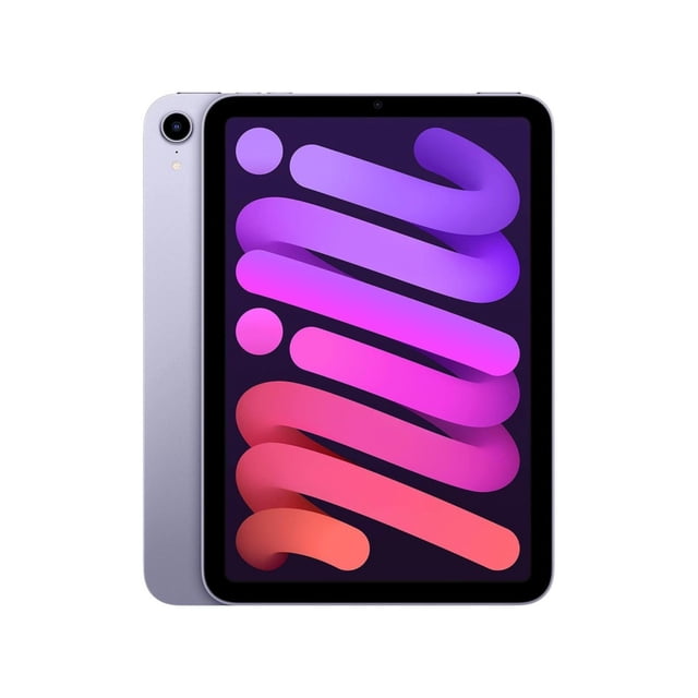 ipad mini 6ª generacion 64gb apple morado vista frontal y posterior en 3/4, tablet compacta con pantalla Liquid Retina de 8.3 pulgadas borde a borde, carcasa morada, cámara trasera única y botón superior; chip A15 Bionic para multitarea y compatible con Apple Pencil de 2ª generación; también suele usarse para tomar notas y dibujo digital en movilidad.
