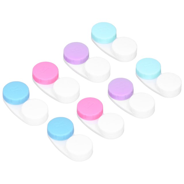 estuche para lentes de contacto de 12 piezas estuches compactos blancos con tapas multicolor pastel (azul cian, rosa y lila) en vista frontal; plástico PP brillante con tapas a rosca, portátil y paquete de 12 unidades, multifuncional y a menudo usado para guardar lentes de repuesto al viajar.