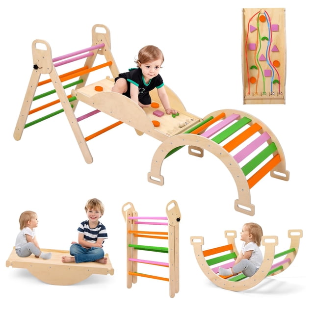 Gimnasio de Escalada para Niños 9 en 1 - Con Triángulo Montessori, Arco de Escalada, Rampa de Doble Cara, Balancín y Actividades Interactivas - Madera Resistente y Diseño Plegable