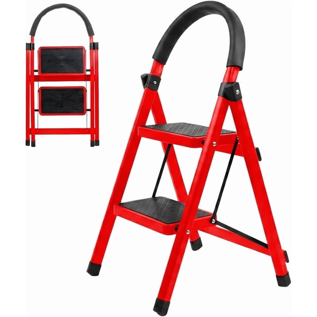 Escalera De Tijera Escalera Tubular Escalera Plegable Hecha de Acero Inoxidable Escalones Y Patas Antideslizantes Altura (2 Escalones Roja)