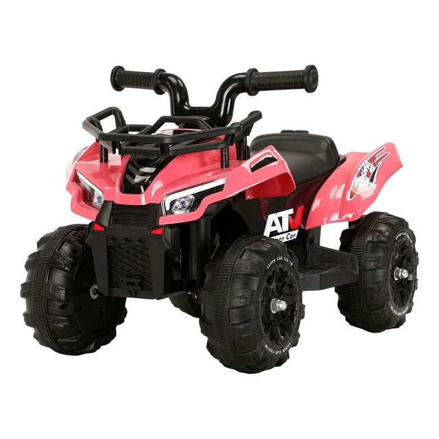 cuatrimoto montable eléctrica little monkey 6v moto niña música led rosa, vista frontal 3/4 centrada de cuatrimoto infantil rosa con asiento y detalles negros, manubrio negro, luces LED delanteras visibles, guardabarros con calcomanía 'ATV', ruedas todoterreno de plástico texturizado y rejilla frontal negra; control por pedal y batería 6V4A accesible, sistema de música integrado; adecuada para juego supervisado en patios o interiores amplios bajo vigilancia adulta.