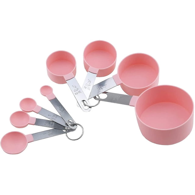 pink measuring cups measuring cups 8pcs16.8*9cm set de 4 medidores de cocina rosa con tazas de plástico y mangos de acero inoxidable, 4 cucharas medidoras en anilla, capacidades marcadas en tazas y ml, disposición frontal sobre fondo blanco; también apto como organizador compacto para ingredientes secos en repostería.