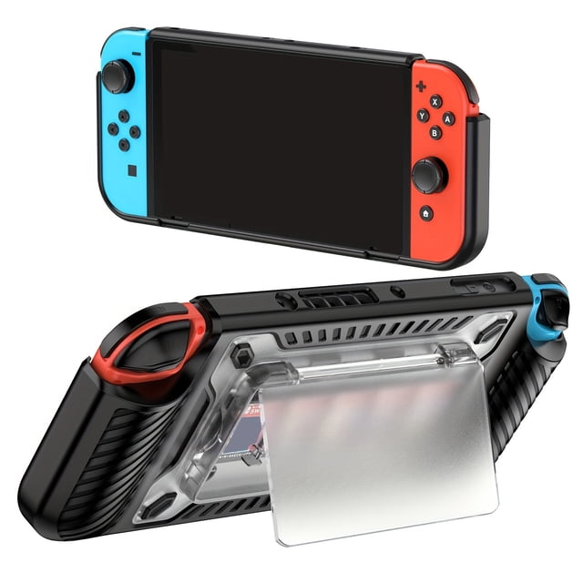 funda protectora para consola nintendo switch oled con ranura para cartuchos de juegos AARONMEI, vista 3/4 frontal y posterior; carcasa negra texturizada con bordes rojo y azul, panel trasero transparente que muestra la ranura para cartuchos y pata de apoyo desplegable, adecuada también para guardar uno o dos cartuchos durante viaje.