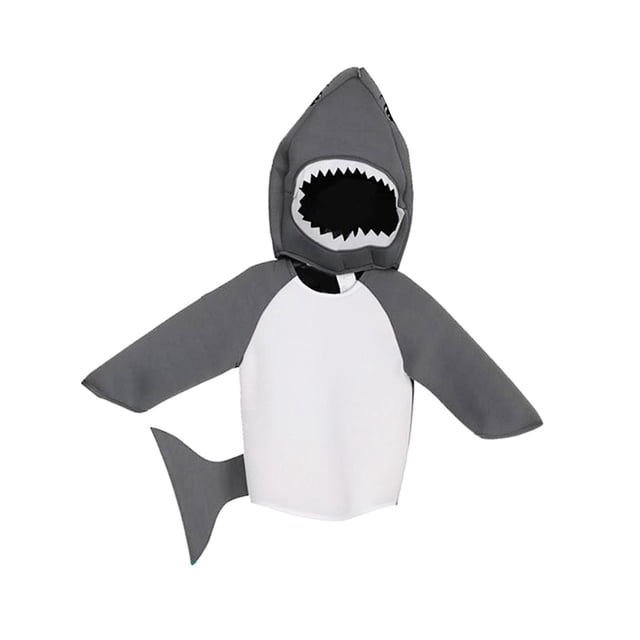 disfraz de tiburón para niños, ropa de dibujos animados, ropa de tiburón pequeño para fiesta temática marina. 80 a 105cm vista frontal centrada de disfraz infantil gris y blanco de una sola pieza con capucha en forma de cabeza de tiburón con boca dentada, vientre blanco, mangas en forma de aleta y cola lateral; poliéster, diseño fácil de poner y quitar, apto para Halloween, cosplay y juegos de rol infantiles.