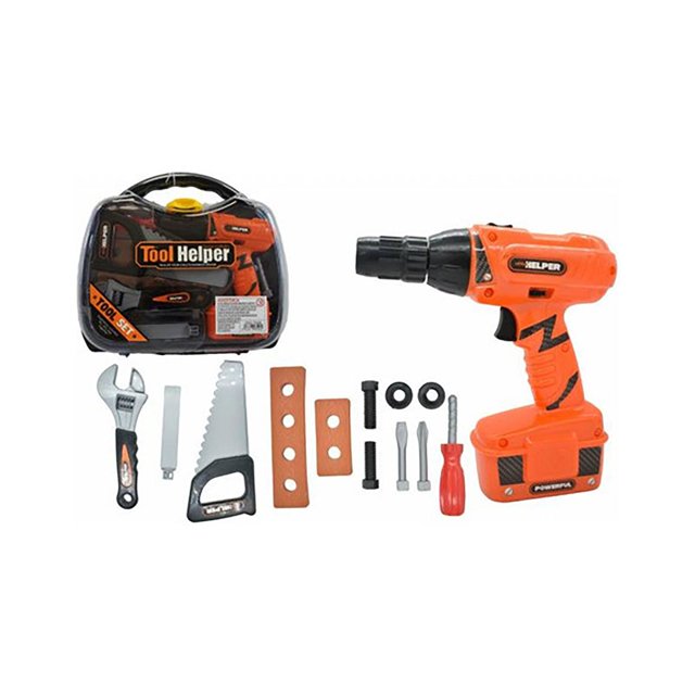 juguete maletín de herramientas 14 pzs set de construcción naranja oscuro grande, maletín portátil con asa que contiene 14 piezas de plástico naranja oscuro y negro: taladro de juguete, llave ajustable, serrucho, destornillador, pinzas, placas, tornillos y tuercas sobre fondo blanco; medidas 28x30x8 cm, marca RM REGALOMEX; ideal para juegos de roles y práctica de motricidad fina.