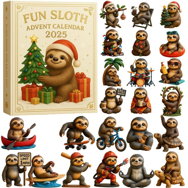 CaiYueKe 2025 Sloth Advent Calendar Christmas Countdown 24 Day Toy Figures Set Holiday Collectible Decor Surprise Gift for Kids Adults Family Fun