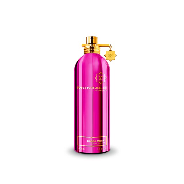 perfume montale roses musk eau de parfum 100 ml para mujer frasco cilíndrico metálico fucsia brillante, vista frontal centrada con tapa dorada y placa colgante; logotipo Montale y volumen 100 ml en la base; fondo blanco minimalista; fragancia floral almizclada adecuada para uso diario y ocasiones formales.