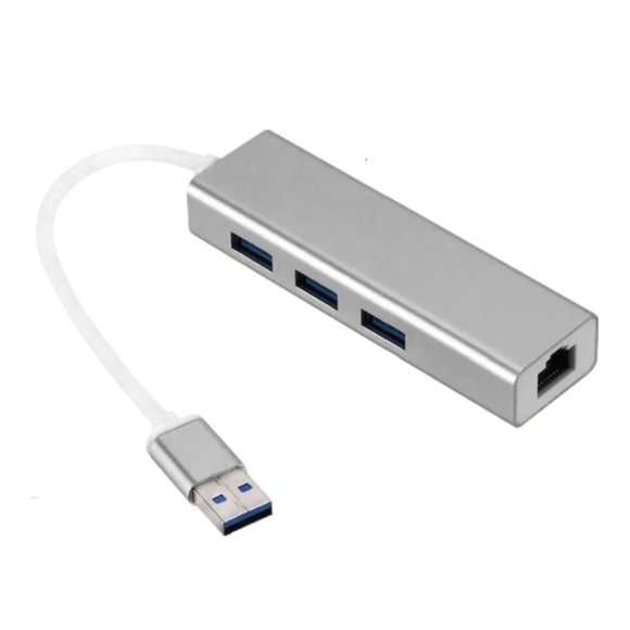 Hub Conector USB 3 Puertos USB 2.0 y Puerto Ethernet RJ45 FE 100 Mbps Metálico