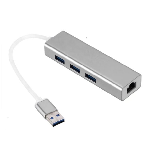 Hub Conector USB 3 Puertos USB 2.0 y Puerto Ethernet RJ45 FE 100 Mbps Metálico