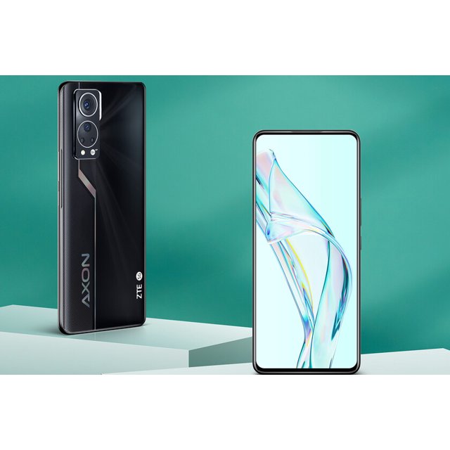 smartphone zte lte axon 30 5g 12+256 negro desbloqueado zte axon 30 5g zte 30 5g Vista frontal y trasera del ZTE Axon 30 5G negro; frontal con pantalla completa y marcos delgados, trasera con módulo de cámara circular doble con anillo metálico, logotipos AXON y ZTE y acabado con textura diagonal brillante. También suele usarse como referencia para búsquedas de celulares desbloqueados y 5G.
