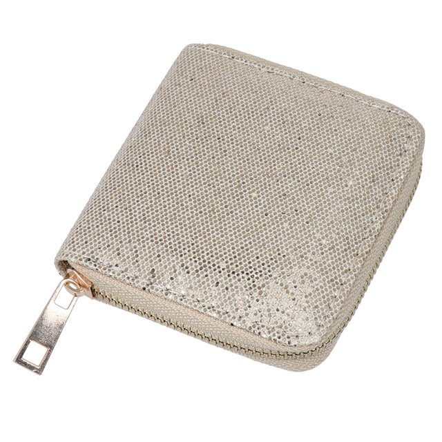 monedero con estampado de purpurina dorada, con cremallera, monedero corto para niñas y mujeres; vista en 3/4 frontal de un monedero pequeño cuadrado de 10.5 x 10 x 2.5 cm en poliéster con textura brillante dorada, costuras visibles y cremallera metálica con tirador rectangular. Diseño delgado y ligero, ideal para monedas, tarjetas y llaves, y a menudo usado también para guardar auriculares o cables de carga durante viajes.