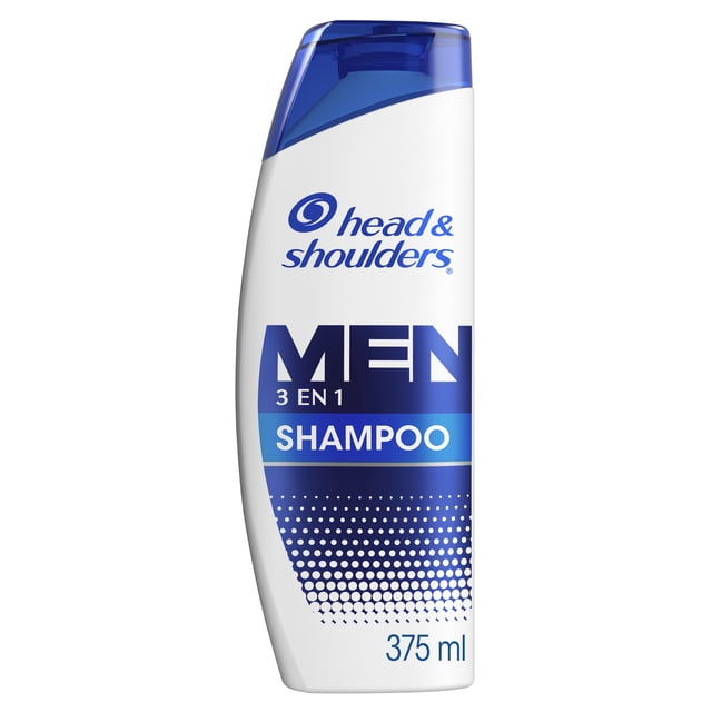 shampoo control caspa head & shoulders men 3 en 1 375 ml botella frontal blanca con tapa azul; logo Head & Shoulders, texto 'MEN 3 EN 1' y banda 'SHAMPOO', patrón de puntos en la base y marca 375 ml visible. Fórmula para hombres que limpia profundamente, protege contra la caspa y suaviza el cabello; a menudo usado como 3 en 1 para ducha y viajes.