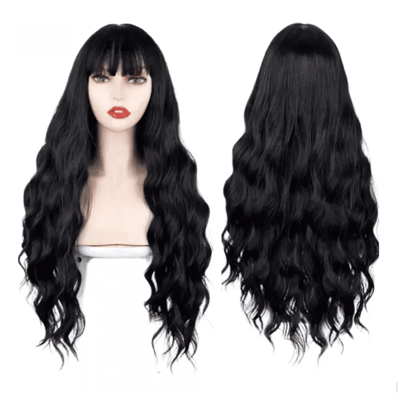 Peluca Natural Larga 72cm Ondulada Negro Para Mujer