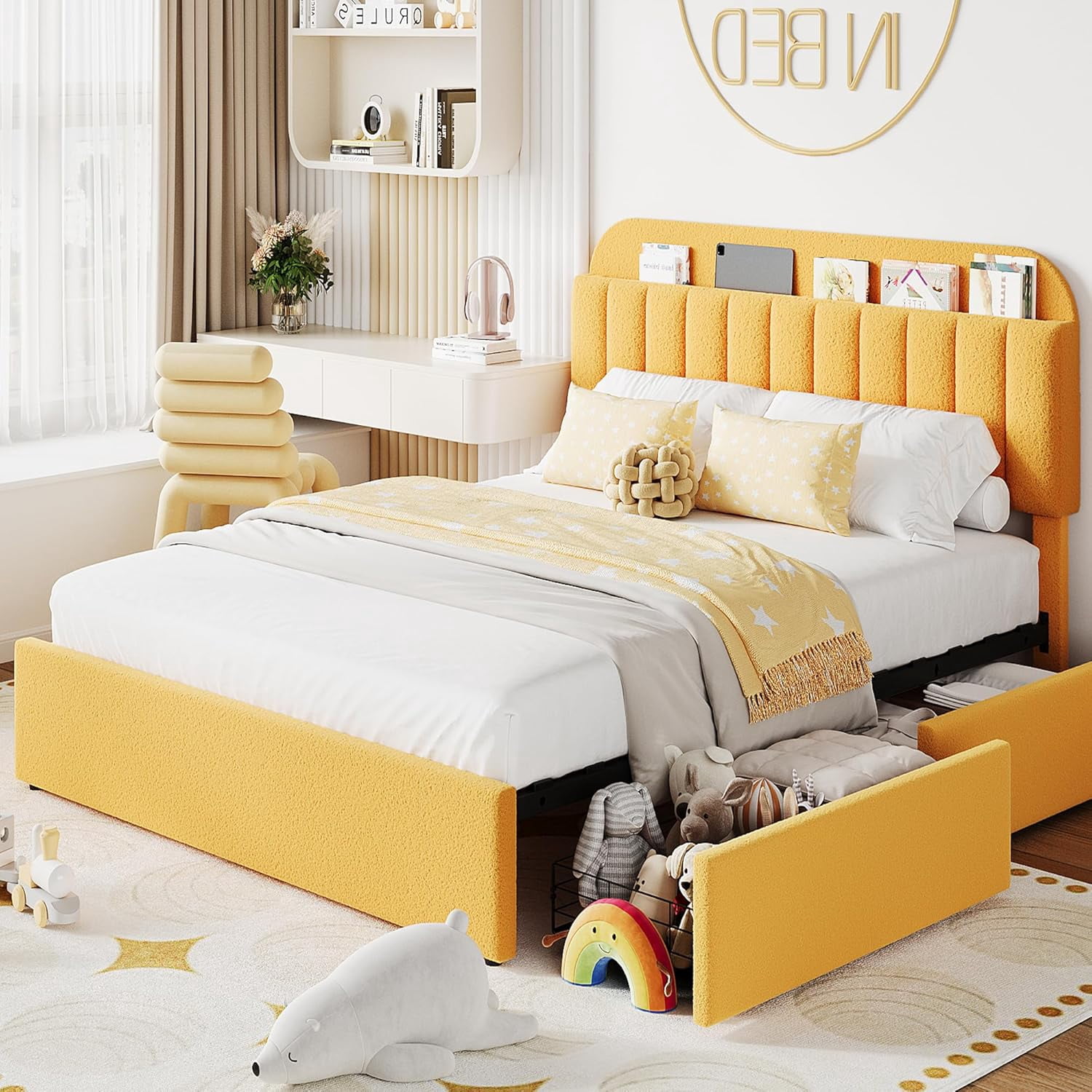 Yellow tamaño completo marco de cama con estante de libros cabecero bouclé forrado platform 2 flexible cajones noise-free fácil montaje no necesita colchón base