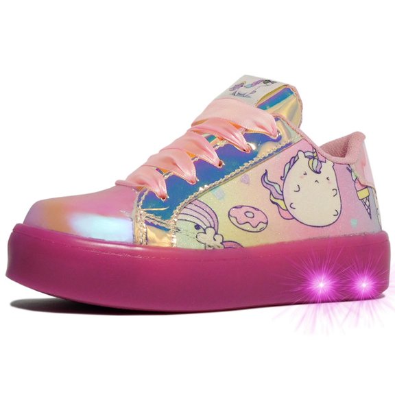 Tenis Niña Talla 19 cm Unicornio Luces Led Talon Impacto Rosa Glitter