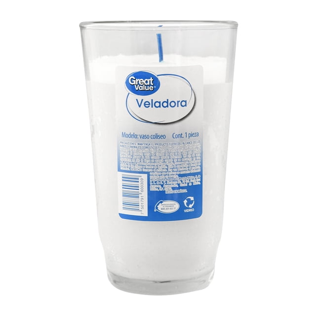 veladora great value vaso coliseo 1 pza blanca en vaso de vidrio con mecha azul, vista frontal centrada que muestra etiqueta con logotipo Great Value y texto; ideal para altares u ofrendas, adecuada también para reutilizar el vaso después de consumir la cera.