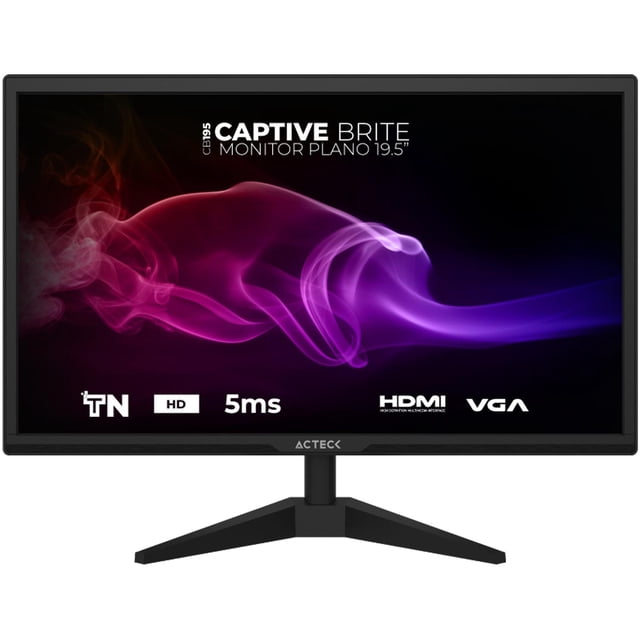 monitor 19.5 acteck captive brite cb195 5ms 60hz hd tn led vga hdmi negro, vista frontal con marco y base negra, panel TN LED de 19.5" que muestra indicadores '5ms' y 'HD', menciona conectores VGA y HDMI; también suele usarse en estaciones compactas de trabajo o estudio en casa.