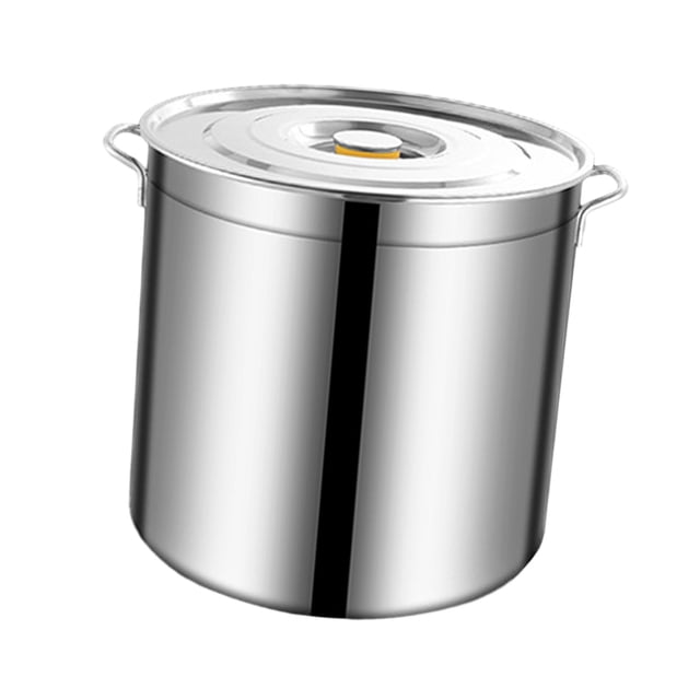 1x olla grande de acero inoxidable para hervir, guisar y cocinar a fuego lento con tapa 10 L Olla sopera comercial de acero inoxidable 201 de 10 L, vista 3/4 frontal; cuerpo cilíndrico profundo con doble asa lateral fija, acabado pulido brillante y fondo grueso. Tapa metálica con pomo central y reborde para colgarla en el costado. Diseñada para cocinar grandes volúmenes en hogar, comedores y uso comercial; compatible con gas, eléctrica y cerámica; apta para inducción de baja potencia (600–800 W) si el fondo exterior está seco.