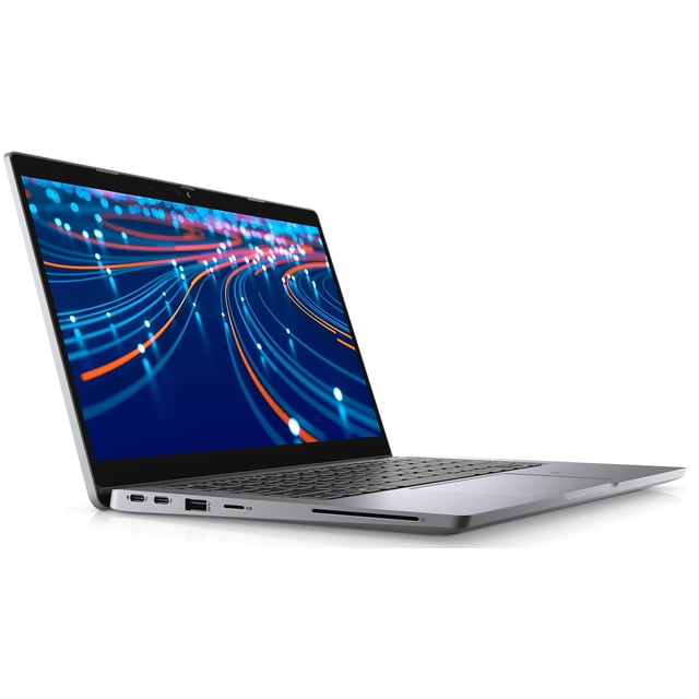 dell latitude 5000 5320 laptop (2021) Renewed vista 3/4 frontal-derecha de portátil 13.3" FHD táctil con fondo abstracto de líneas luminosas, chasis plateado, teclado tipo isla y cámara integrada en el bisel superior; especificado con 11th Gen Core i7, 16GB RAM y 512GB SSD, a menudo usado para trabajo móvil o teletrabajo.