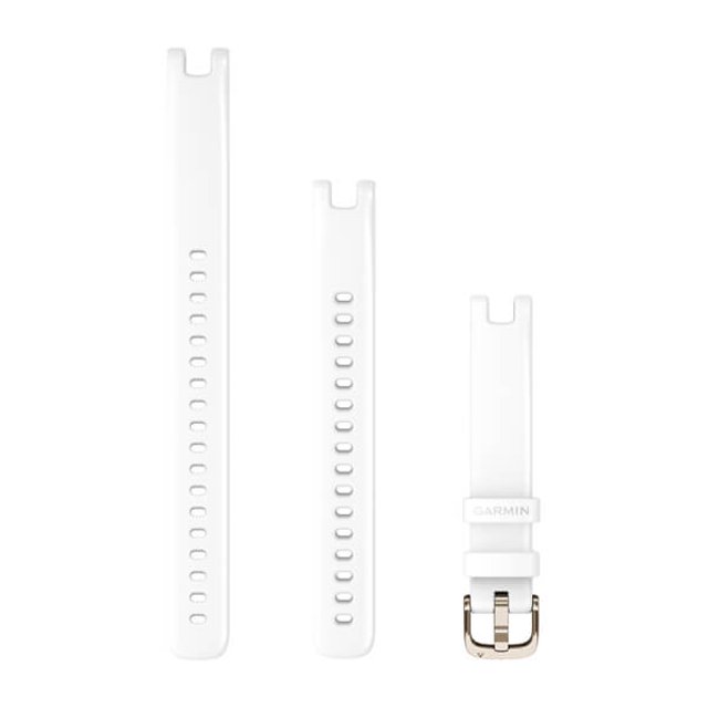 correa garmin para lily garmin 010-13068-00 Correa blanca para Garmin Lily en dos piezas con hebilla metálica y presilla marcada GARMIN, vista frontal de los tres segmentos alineados sobre fondo blanco; múltiples orificios para ajuste de talla. Suele usarse como reemplazo rápido para cambiar el estilo del dispositivo.