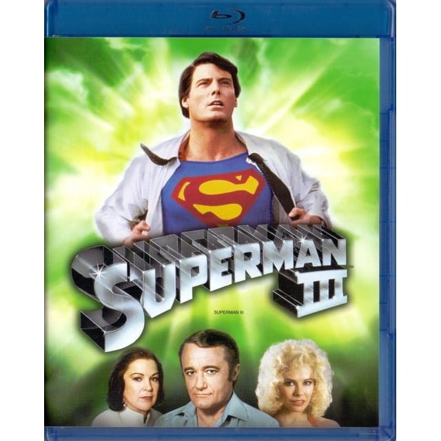 superman 3 tres christopher reeve 1983 pelicula blu-ray warner bros blu ray Vista frontal de la carátula Blu-ray: Superman abriendo su camisa blanca para mostrar el traje azul con el emblema rojo y amarillo 'S', fondo verde con luz radial y el título metálico "SUPERMAN III"; tres retratos de personajes en la parte inferior; adecuado para exhibir en estantería o como decoración temática de cine en casa.